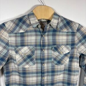 Lucky Brand Mens Blue Plaid Pearl Snap Western Shirt Long Sleeve Dobby Size M